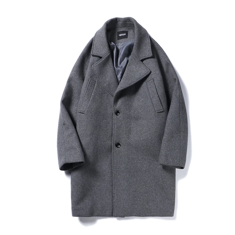 Зимнее Новое студенческое одноцветное повседневное шерстяное пальто мужское свободное корейское шерстяное пальто серый/черный S-XL