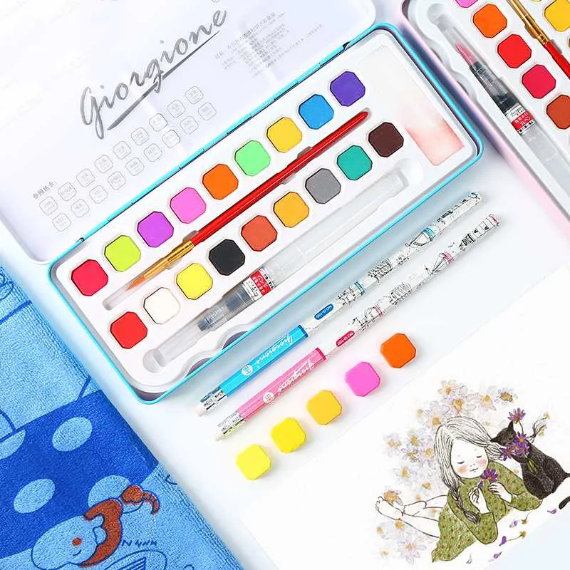 

18/24 Colors Professional Watercolor Travel Set With 2 Brushes Artist Drawing Portable Soild Watercolor Set School Art Supplies