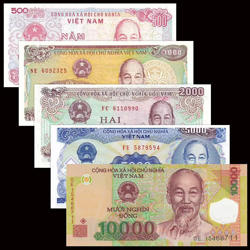 Вьетнамский вьетнамский набор банкнот 5 шт. 500 + 1000 2000 5000 10000 Dong UNC Asia коллекция