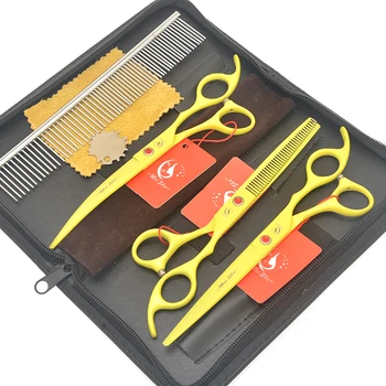 

7.0" Stainless Steel Pet Scissors Set with Comb Professional Curved Straight Cutting Shears 6.5" Puppy Thinning Clipper HB0197