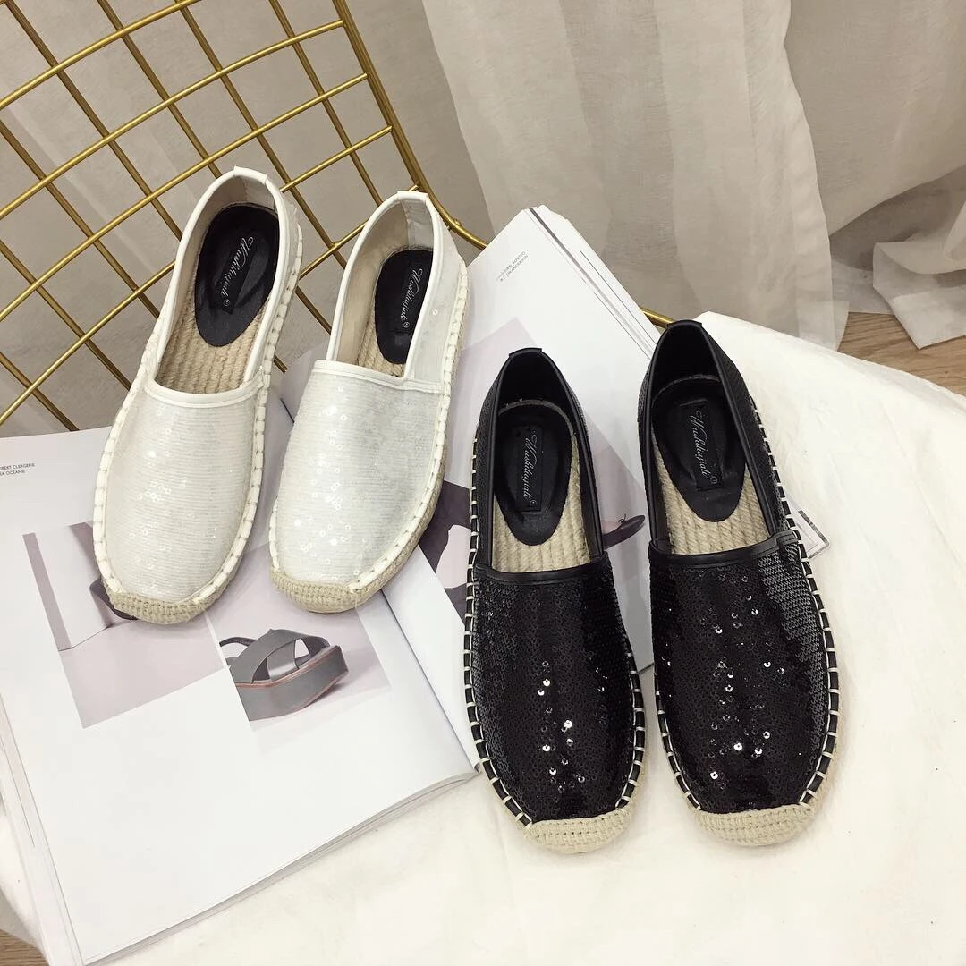 

Espadrilles Women Platform Casual Flats Hemp Shoes Slipony Loafers Sequins Moccasins