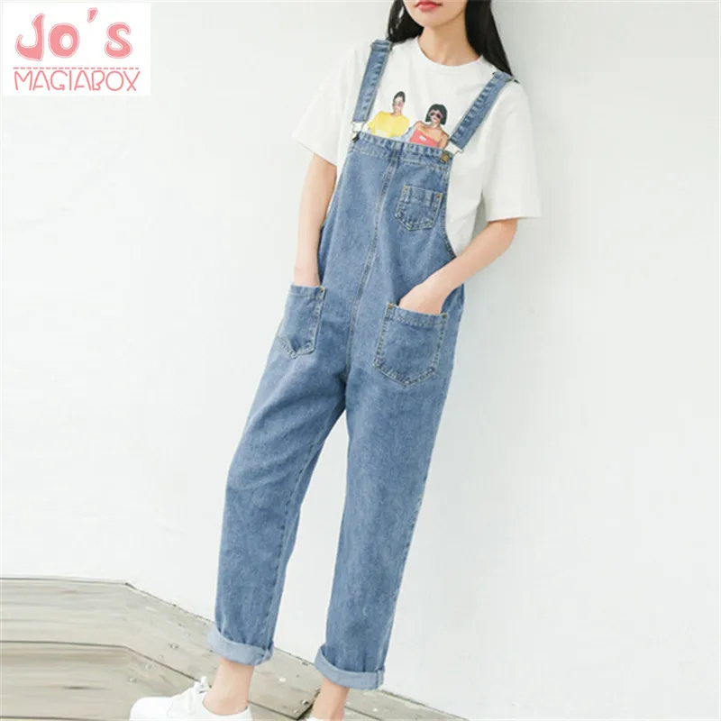 

Korean Rompers Womens Jumpsuit Denim Overalls Solid Sweet Ankle-Length Jeans Loose Sleeveless Slim Jeans Pants With Pockets