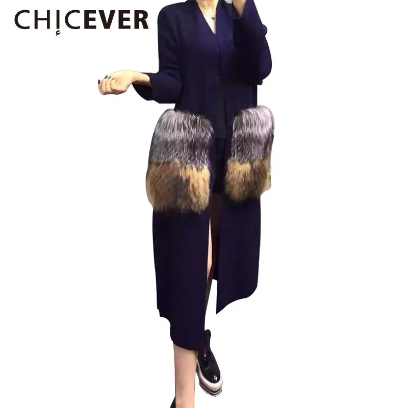 

[CHICEVER] 2019 Winter Women Attachable Big Fur Pocket Knitted Long Coats Female Windbreaker Casual Cardigan Loose Tops Clothes
