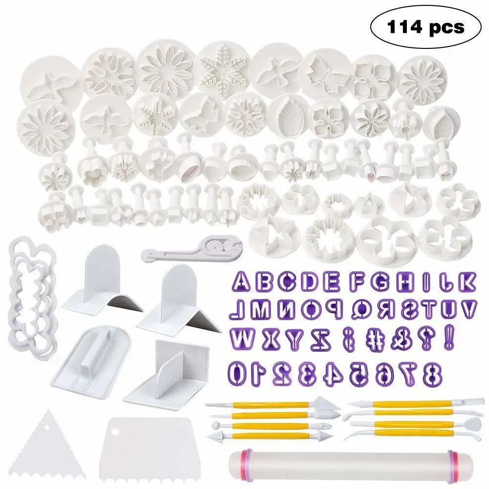 

114pcs Birthday Cookie Cutter Set Stamp Tools Kit Rolling Pin Smoother Embosser Fondant Cake Decorating Tools Cheap Things