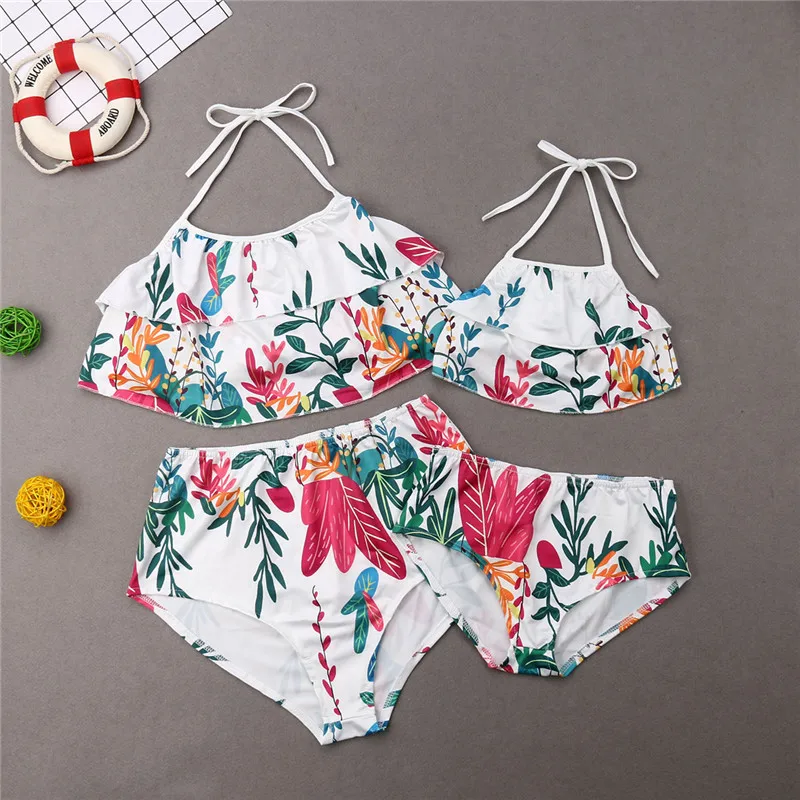 2019 Summer Family Matching Swimwear Women Kids Girls Sets Floral Sleeveless Halter Belt Ruffle Crop Tops High Waist Shorts 2Pcs | Мать и