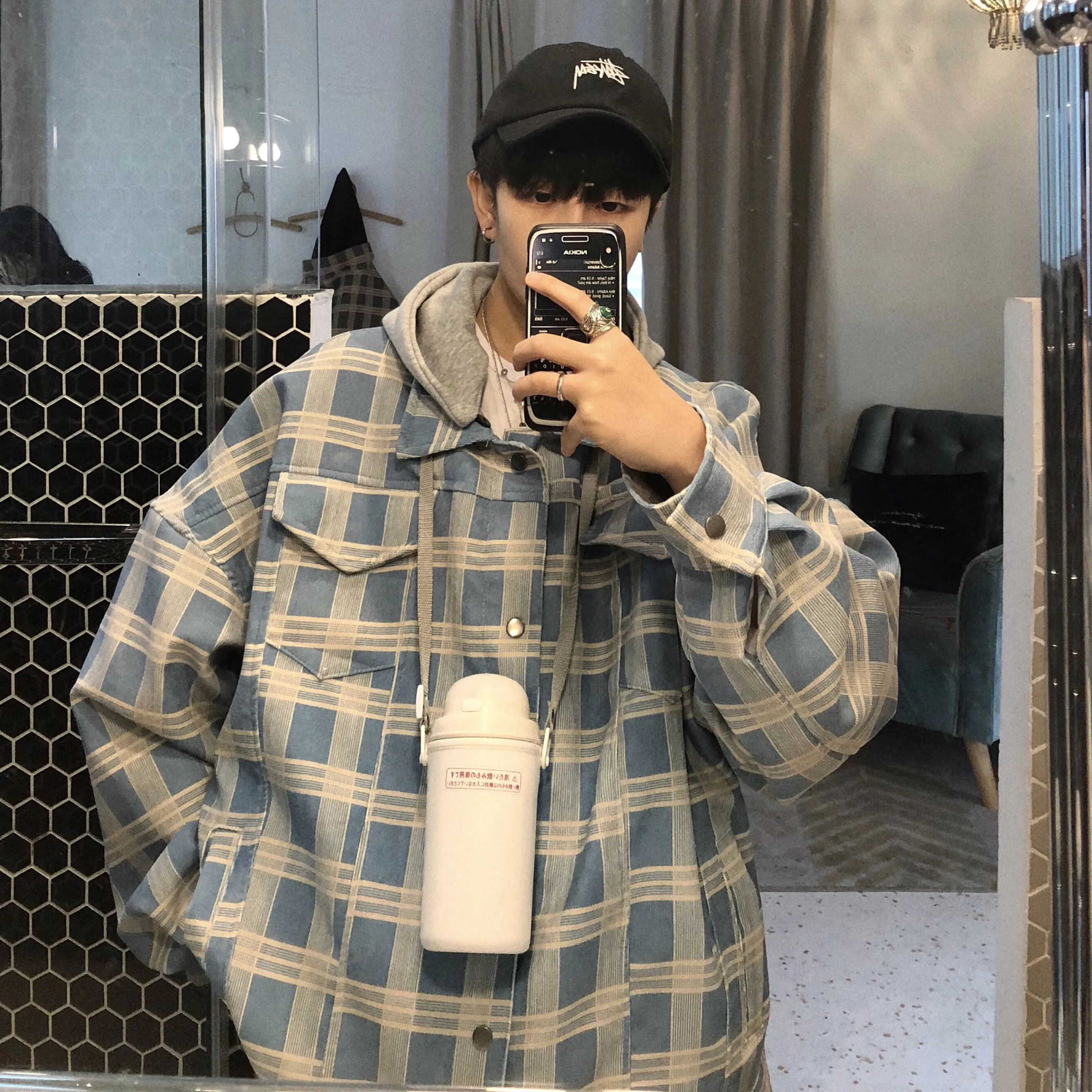 2019 Korean Style New Men's Work Clothes Streetwear Bomber Jacket Loose Lattice Printing Coat Khaki/blue Color Windbreaker M-XL