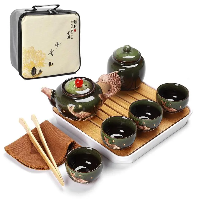 

China Kung Fu Tea Set Portable Teacups Ceramic Tea Caddies Bamboo Tea Tray Chinese Tea Ceremony Teaware Sets Gift For Friend