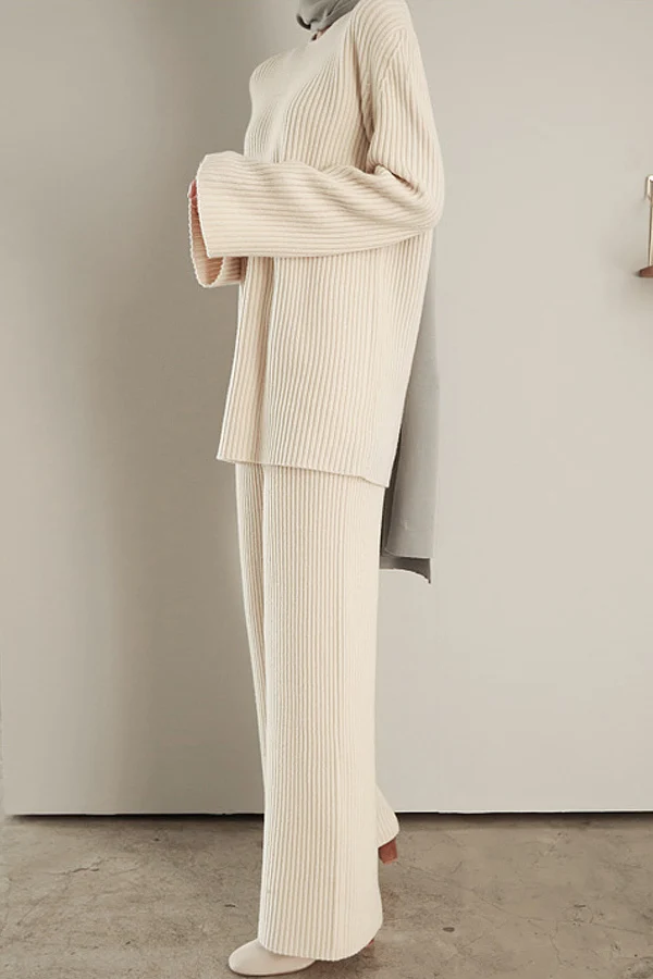 TVVOVVIN, Женский однотонный пуловер с круглым вырезом, свитер с высокой талией, широкие штаны, Женский комплект 2 шт.,, вязаные комплекты, E269
