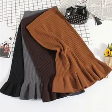 Women High Waist Knit Bodycon Skirt Ruffles Mermaid Skirts Female Slim Package Hip Sweater Skirt Autumn Winter Solid Long Skirts