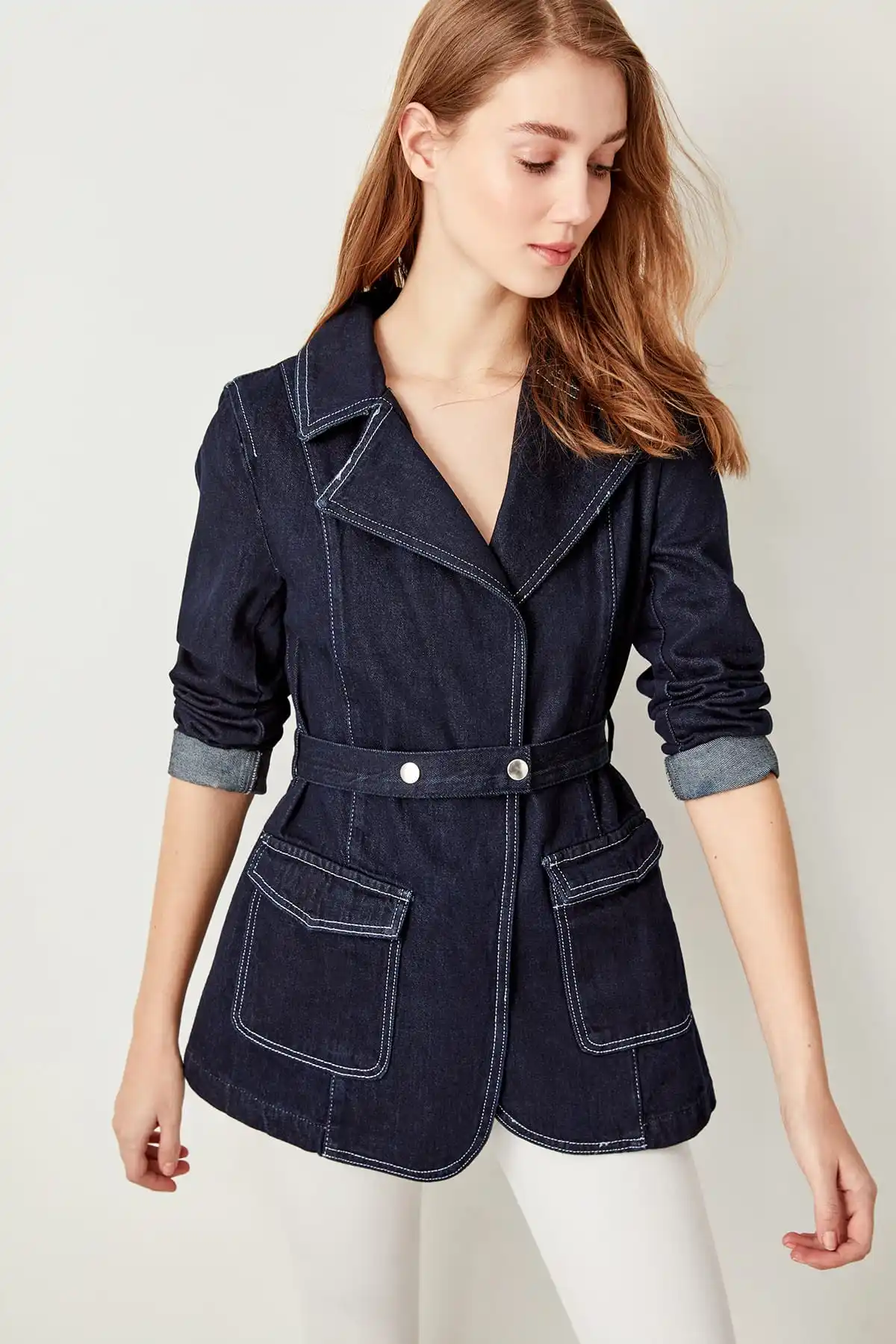 Trendyol Navy Contrast Stitch Detail Denim Jacket TCLSS19LR0077-in Basic Jackets from Women's 
