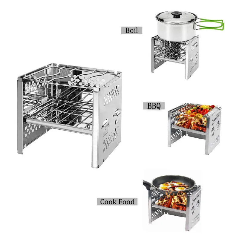 Folding Wood Burning Camping Stove Stainless Steel Barbecue Picnic Grill C2M9