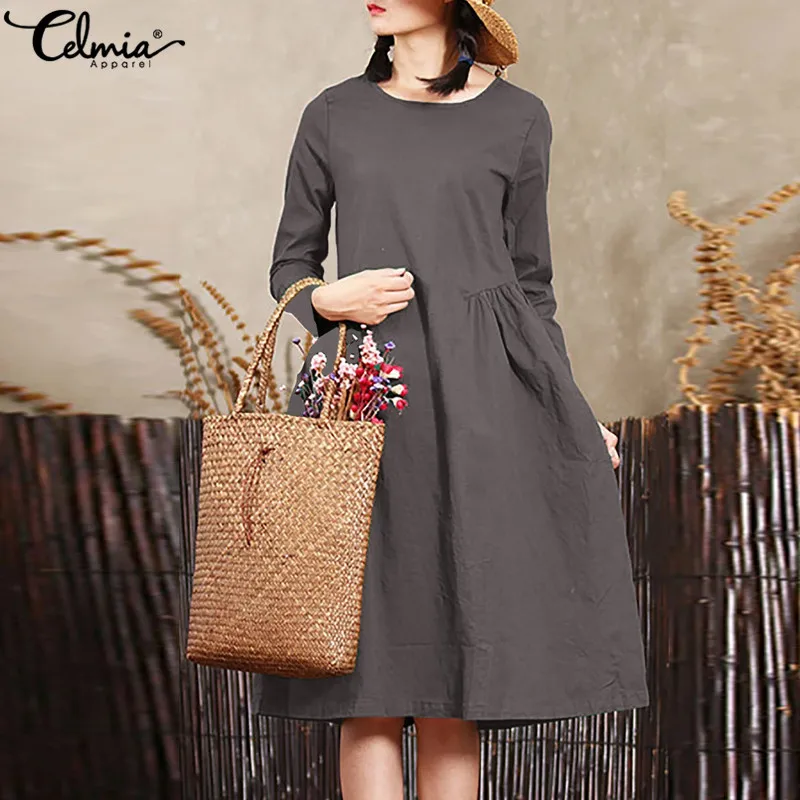 

Celmia Women Long Shirt Dress Autumn Long Sleeve Casual Loose Solid Knee-Length Vintage Linen Dresses Plus Size Female Vestidos