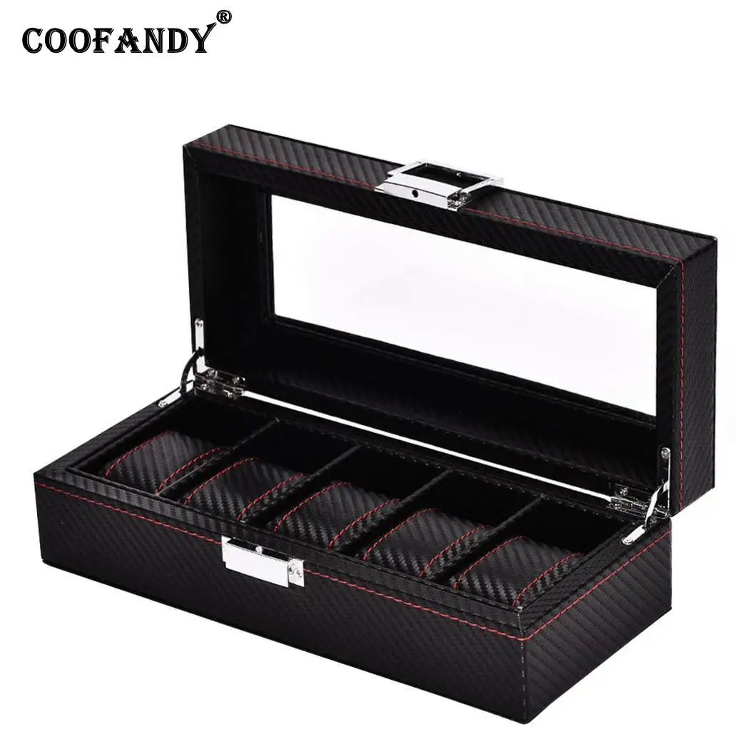 

5 Grids PU Leather Watch Box Storage Case Carbon Fiber Wristwatch Box Organizer Holder for Clock Watches Jewelry Boxes Display