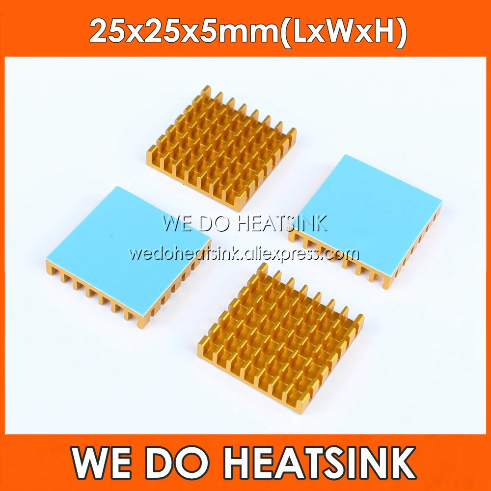 

5pcs 25x25x5mm Aluminum Radiator Gold Slotted Heatsink Cooler With Blue Thermal Adhesive Heat Transfer Pad( Double side tape)