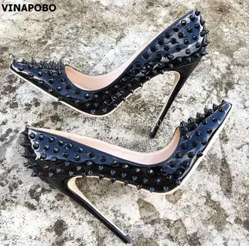 

2019 New Arrival Rivet Women Pumps Black Point toe Patent Leather Stilettos High Heels Fashion Casual Party Wedding Shoes Woman