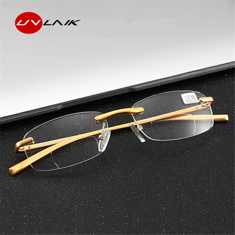 UVLAIK Bifocal Reading Glasses Men Women Rimless Aluminum magnesium
