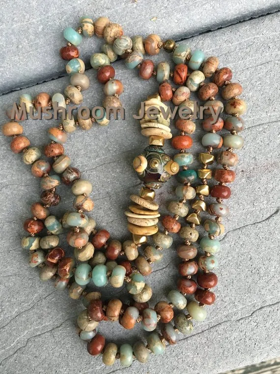 

Women's Necklace Long Layering Impression Jaspers Turquoises Copper Filigree Necklace Bead Hand Knotted Necklace