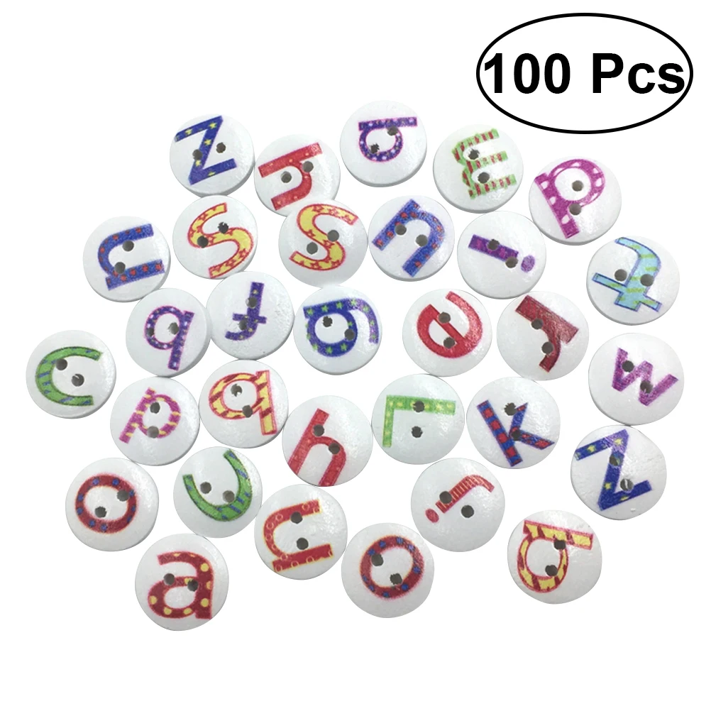 

100pcs 15MM 26 Letters Candy Color Thin Edge Mixed Loading Assorted Color Wooden Buttons (Random Color)