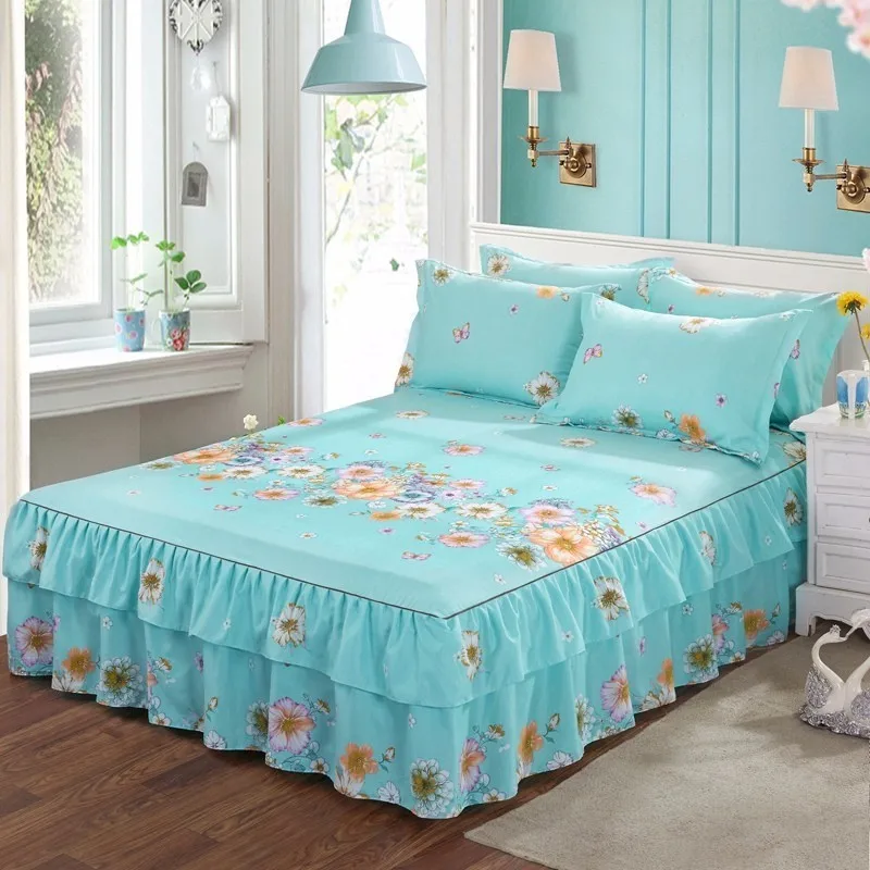 

Home Textile Korean Version Plant Flower Pattern Decoration Fit Bed Skirt Bedding Set 3pcs Large Bed Linen Bed Cover Pillowcase