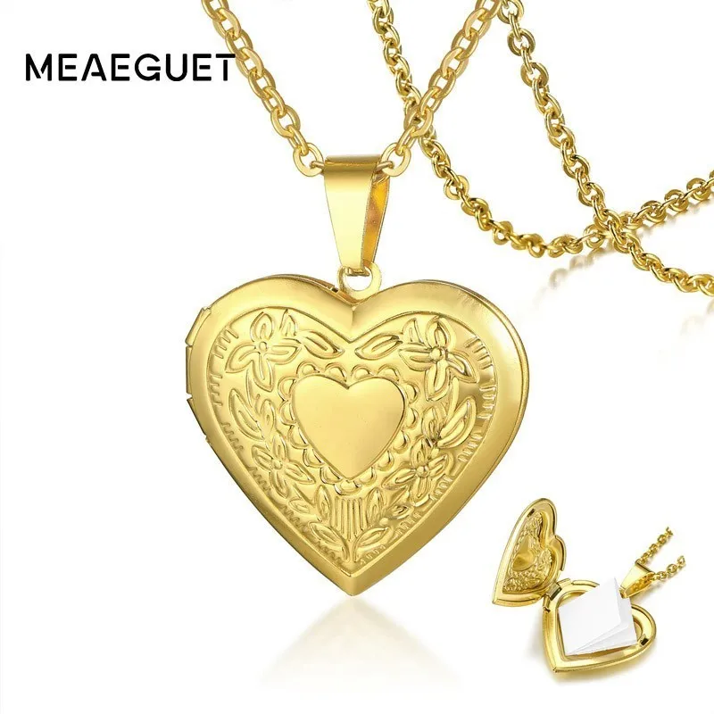 Womens Girls Heart Photo Locket Initial Pendant Necklace in Golden