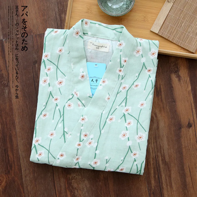 Japanese Kimono Pajamas Set Woman Pure Cotton Gauze Bathrobe Suit Flowers Short Sleeve Yukata Japanese Traditional Clothing New