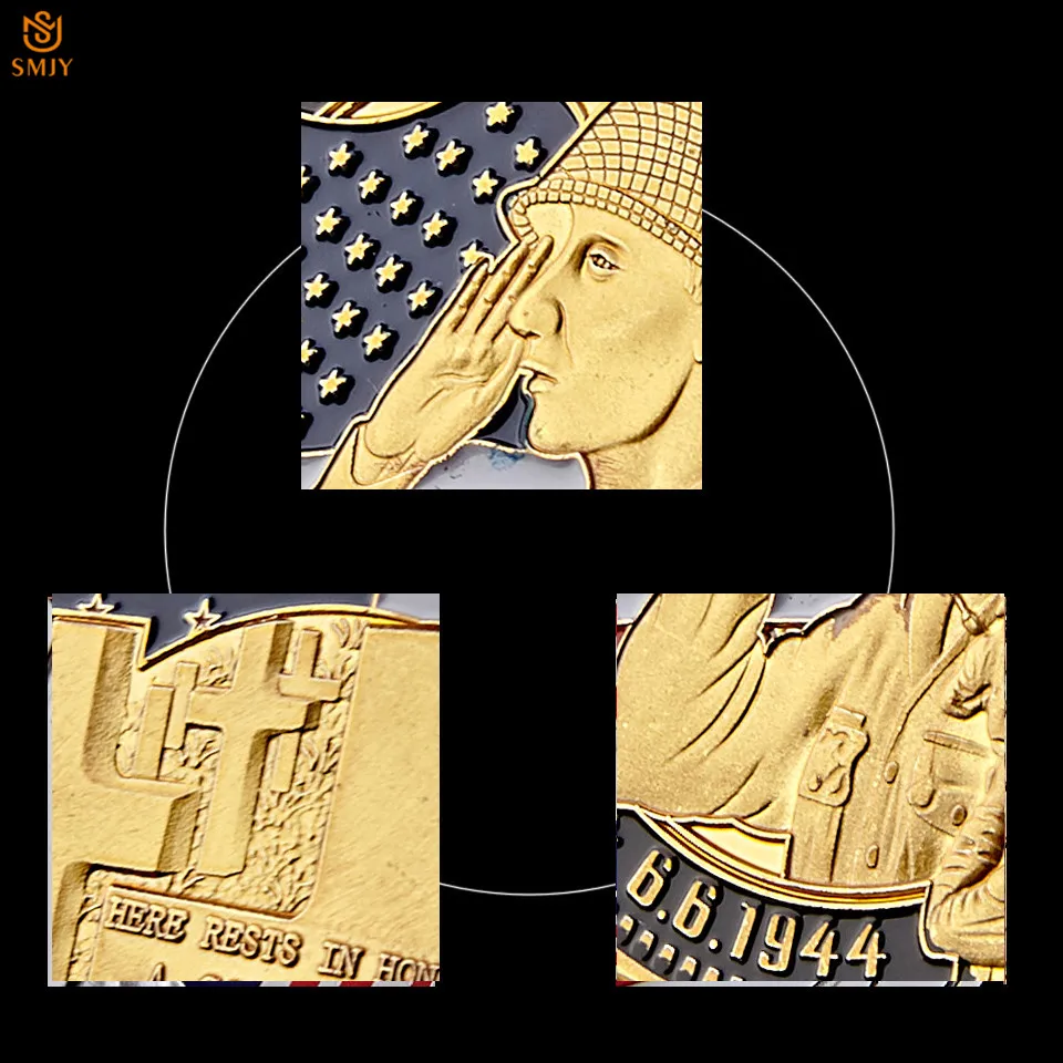 WW II 1944.6.6 D-Day Omaha Beach Gold Plated Souvenir Cimetiere American Military Challenge Coin Collection