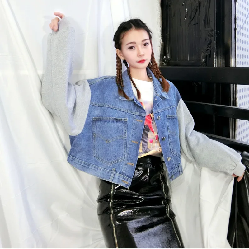 

[EWQ] 2019 Spring Autumn Lapel Long Sleeve Singel Breasted Denim Patchwork Fake Two Piece Casual Short Coat Women AD32302