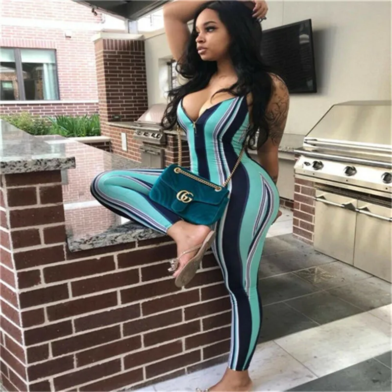 

Summer New Sexy Body Women Sleeveless Striped Jumpsuit Romper Casual Party Clubwear Outfits Rompers Womens Jumpsuit V-neck