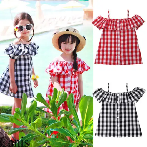 Toddler Check Dress Infant Baby Girl Off Shoulder Plaid Ruffle Princess Tutu Dresses Summer Children Outfit1-6Y | Детская одежда и