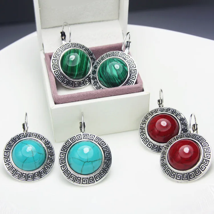 Винтажные большие серьги-гвоздики с камнями Leverback тибетские серебряные серьги синие красные зеленые круглые каменные серьги ers-g49