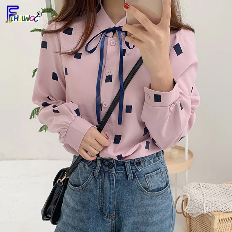 

2019 Design Tops Women Korean Preppy Style Long Sleeve Casual Cute Sweet Bow Top Square Pink White Button Shirt Blouse
