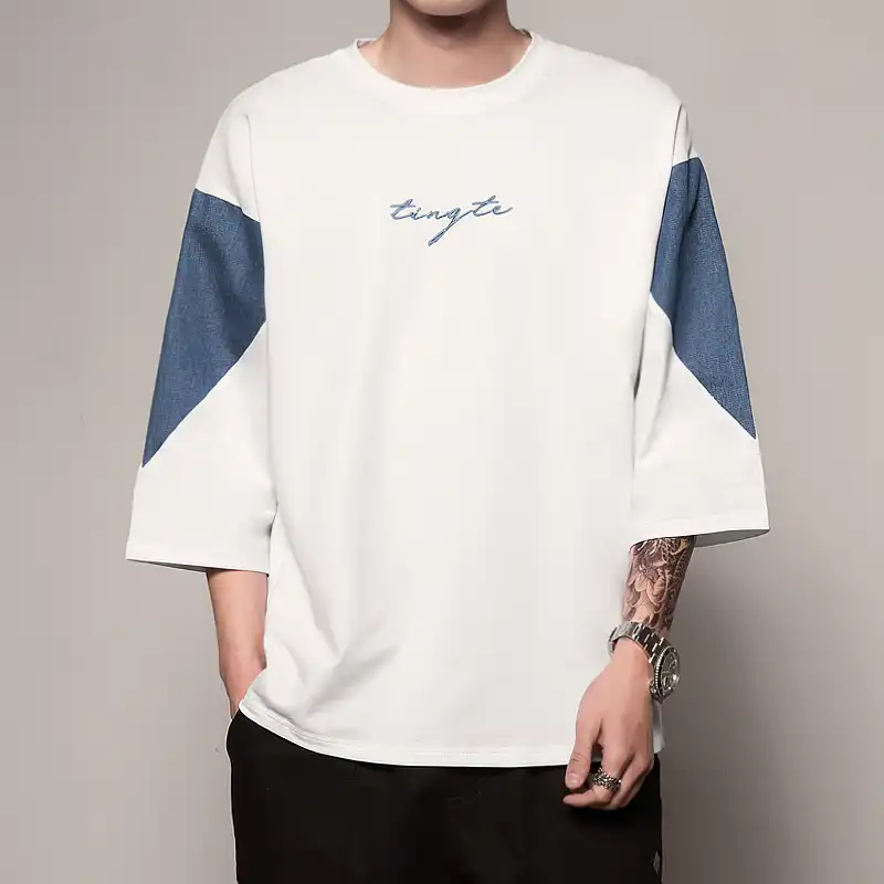 japonya tarzi erkek t shirt patchwork yarim yarasa kollu pamuk gevsek tops tees 2019 yeni t shirt hip hop streetwear rahat gomlek adam t shirts aliexpress