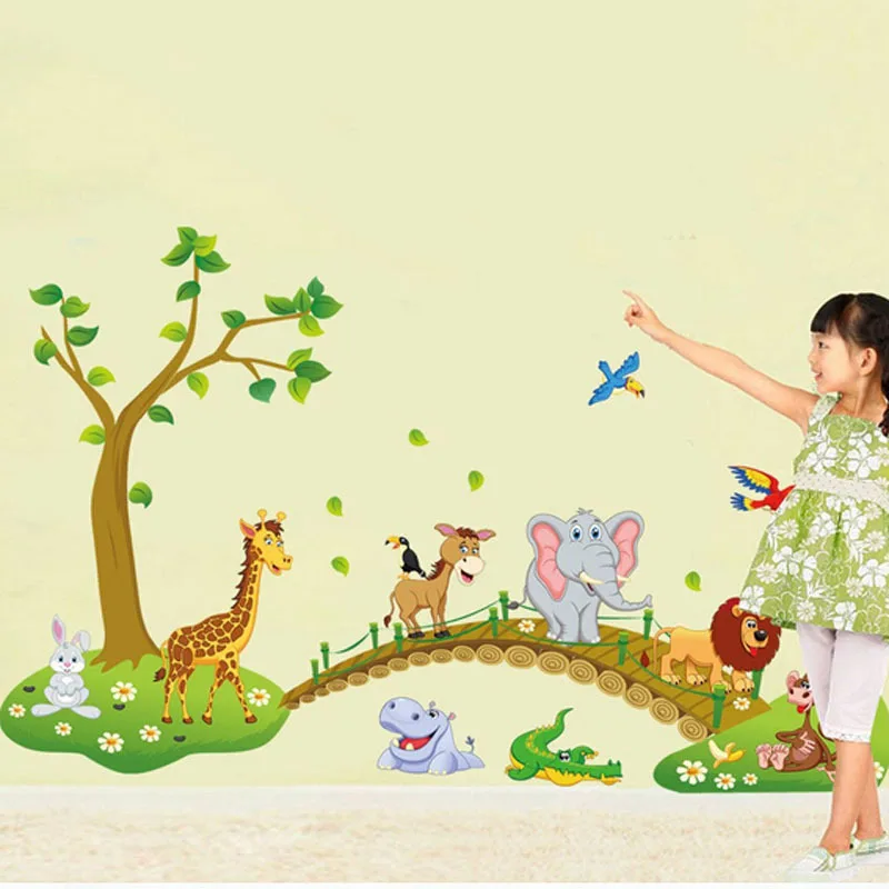 Large Jungle Animals Elephant Lion Giraffe Bird 3D Wall Sticker Kids Nursery Decals Girls Bedroom Mural Hot Sale | Дом и сад