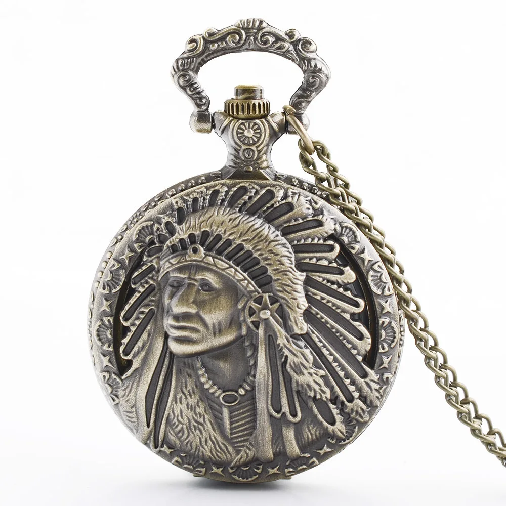 

IBEINA Black Pocket Watch Indian Native American Theme Full Hunter Quartz Fob Retro Pendant Chain Gift Pocket Watch For Men