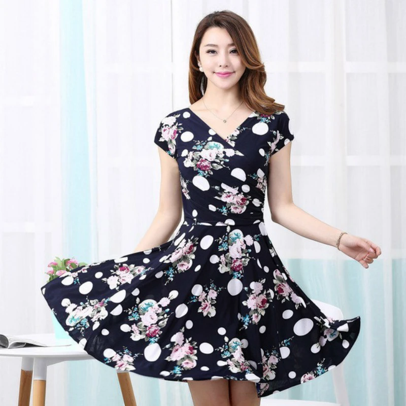 

2019 Summer Styles Plus Size Women Pleated V Neck Dress Waist Show Thin Sand Maxi Printed Dresses Vestido De Festa