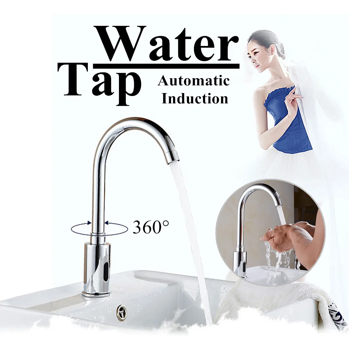 

Automatic Sensor Water Tap Single Cold 360Degree Swivel Faucet Basin Sink Mount Bathroom Fully-automatic Convent Chrome polished