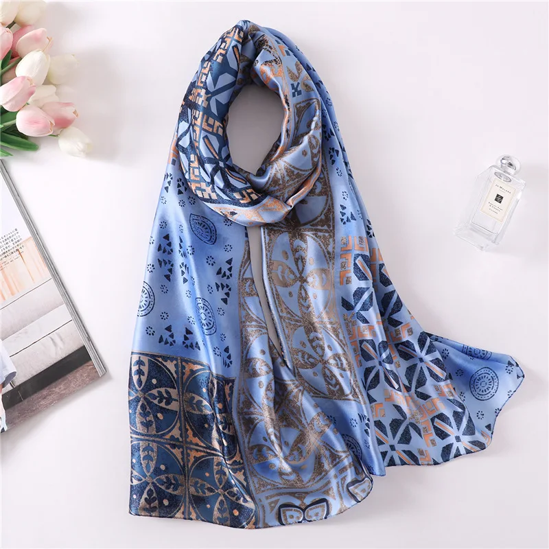 

2019 New Silk Scarf Women Soft Printed Scarves Large Shawls Wraps Ladies Pashmina Satin Bandana Hijab Scarf Foulard 180X90CM