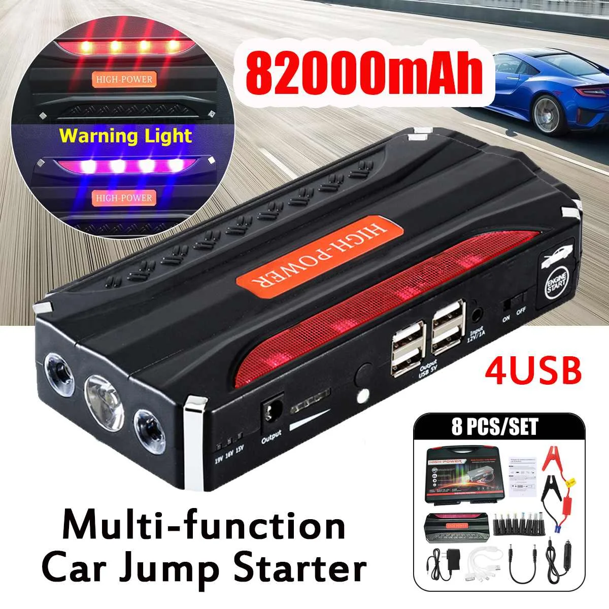 

82000mAh 12V 4 USB Multifunction Auto Car Jump Starter LED Emergency Battery Booster Protable Power Bank for Petrol Diesels Car