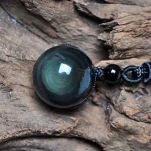 Подвески из натурального обсидиана, Радужный глаз, подвеска из бисера на удачу, Женская Длинная цепочка, ожерелье, вязаное ожерелье Харадзюку, хрустальный шар
