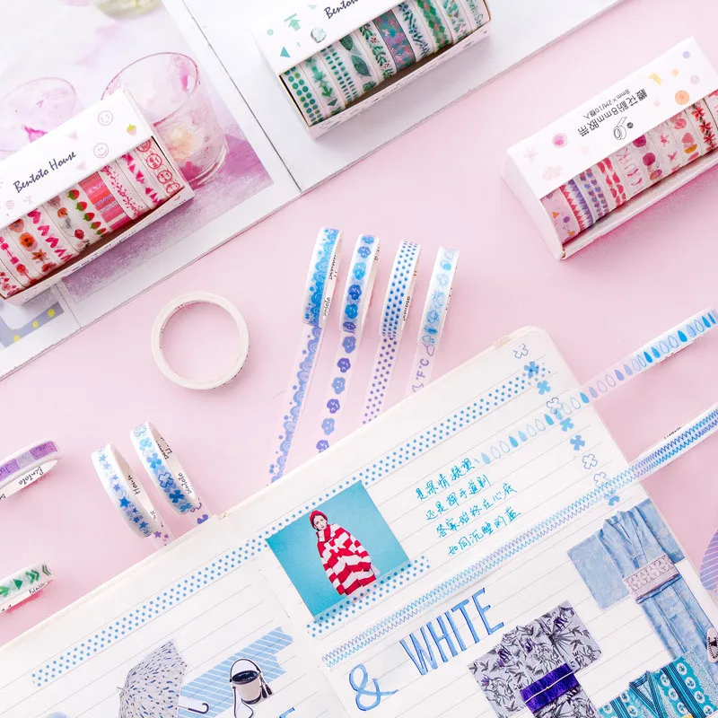 

10Rolls/Set Kawaii Slim Washi Tape Japanese Stationery Scrapbooking 8mm*2m*10Rolls Printing Washi Tape Masking Tape Decorations