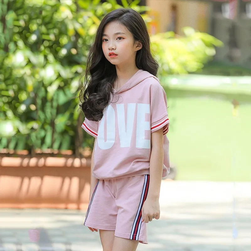 Summer Kids Girl Sport Set Fashion Children Short Sleeve Hoodie+elastic Waist Short School Suit For Girls 5-14Y Teenager Clothes