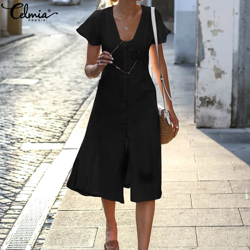 V-Neck Short Sleeve Ruffle Buttons Dress