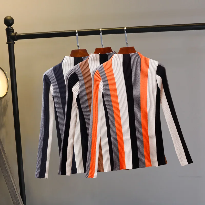 

2018 Women Vertical Striped Patchwork Sweater Autumn Winter Turtleneck Long Sleeve Knitted Sweater Cool Pullovers Tops Korean