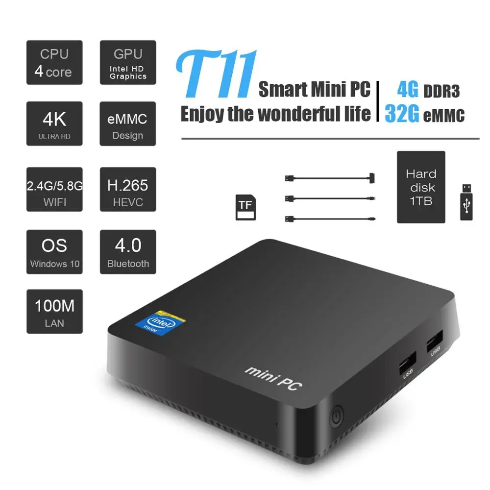 Новейший T11 Мини ПК Intel X5 Z8350 1,92 ГГц 4 Гб+ 64 ГБ Wnidows 10 Лицензионная Поддержка 2,5 дюймов HDD, VGA и HDMI Двойной выход, WIN10 tv BOX