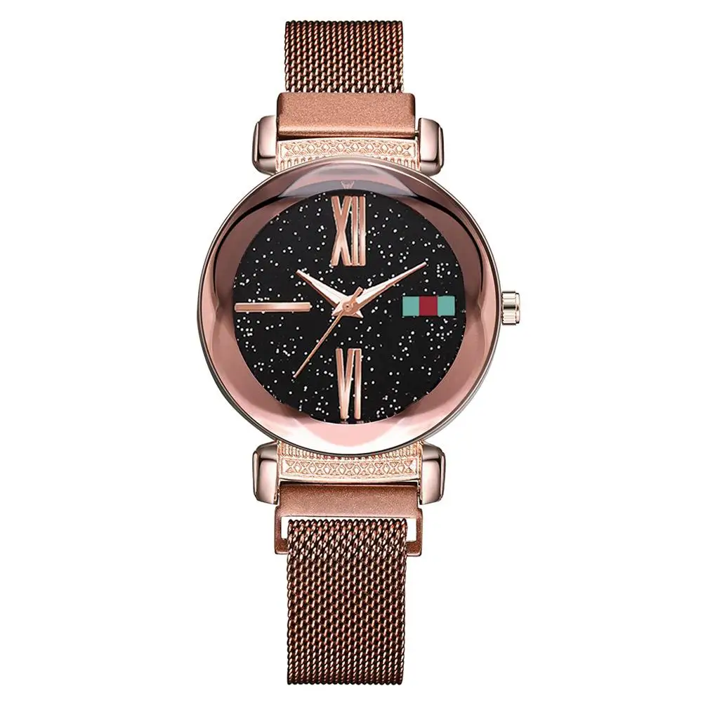 

Fashion Watches For Women Rose Gold Mesh Quartz Watch Magnet Buckle Starry Geometric Surface Casual Women Quartz Wristwatch