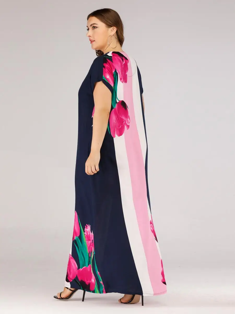 Женское печатное с коротким рукавом длинное платье-Кафтан abaya Платье-туника плюс размер летнее платье v-образный вырез до щиколотки этнический стиль свободный