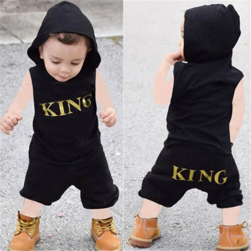 0-36 Months Baby Boys Clothes Set Letter King Print Hoodie For Boys Solid Black Sleeveless Sweatshirt Boys Pants Baby Boy Set