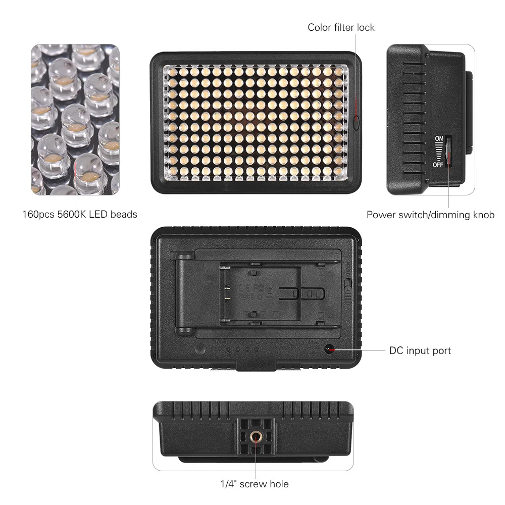 Andoer Dimmable ультра 160 видео свет 5600K фотография Свет w/цветные фильтры для Canon Nikon Sony