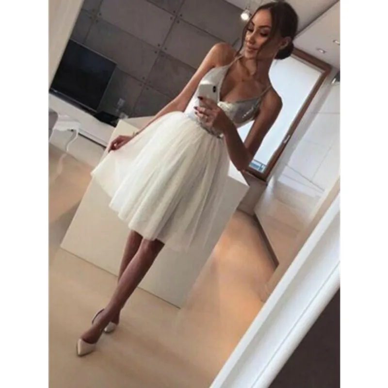 

2019 Newest Style Fashion Women's SprinG Summer Sequin V neck Bridesmaids Dress Ladies Party Short Dress
