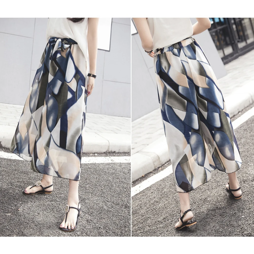 

Summer Casual Large Size Women's Loose Wide Leg Pants Thin Flower Pants Chiffon Trousers Skirt